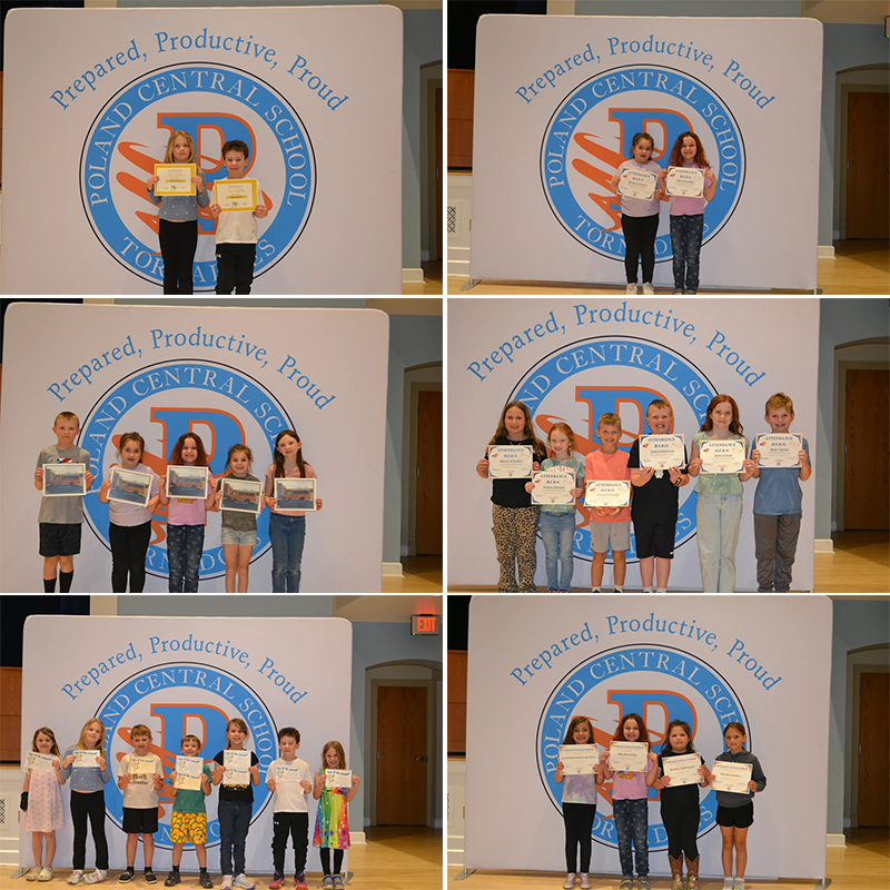 six photos in a collage, each with young students holding awards for achievments that were awarded to them for the prepared productive and proud award ceremony, top left has two students, top right has two, middle left has four students, the middle right six students, bottom left has seven, bottom right has four students.