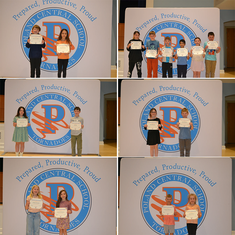 six photos in a collage, each with young students holding awards for achievments that were awarded to them for the prepared productive and proud award ceremony, top left has two students, top right has six, middle left has two students, the middle right two students, bottom left has two, bottom right has two students.