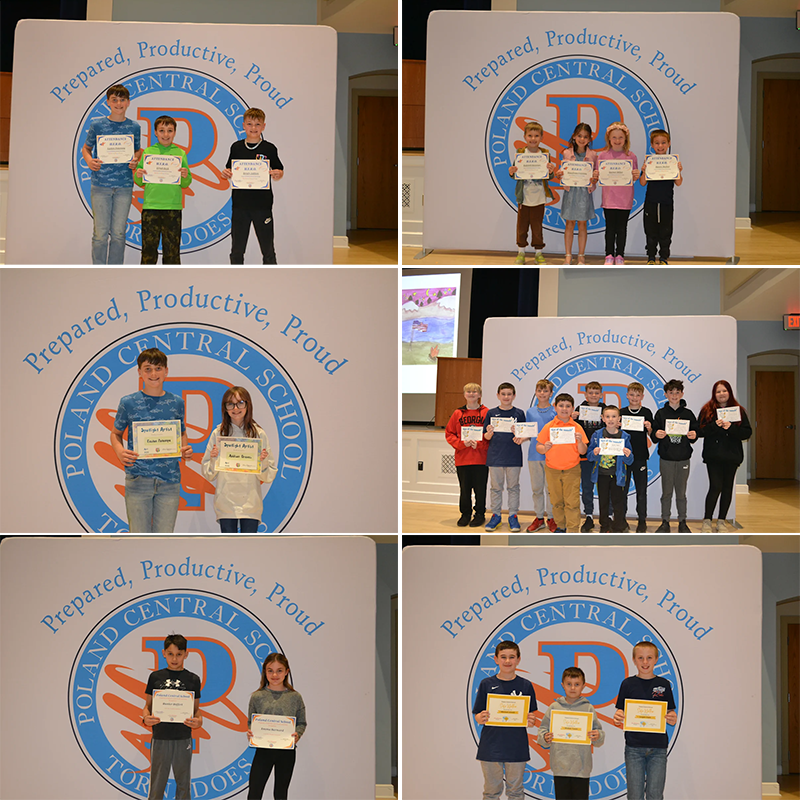 six photos in a collage, each with young students holding awards for achievments that were awarded to them for the prepared productive and proud award ceremony, top left has three students, top right has four, middle left has two students, the middle right has a large group with nine students, bottom left has two, bottom right has three students.