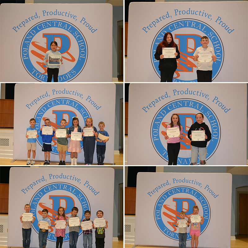 six photos in a collage, each with young students holding awards for achievments that were awarded to them for the prepared productive and proud award ceremony, top left has one student, top right has two, middle left has six students, middle right has two, bottom left has six, bottom right has two students.
